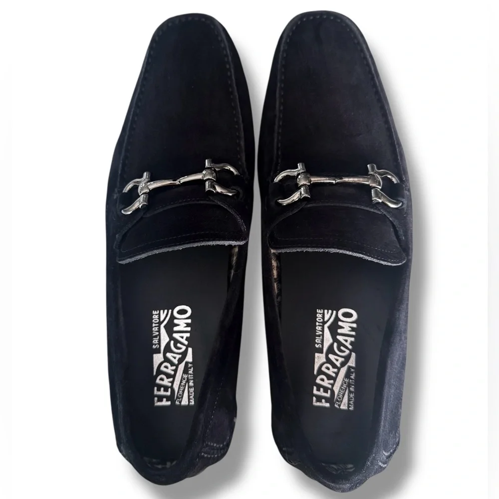 Ferragamo Parigi Gancini Bit Driver Black Nubuck Loafer Men’s 7 N (US 8) Italy